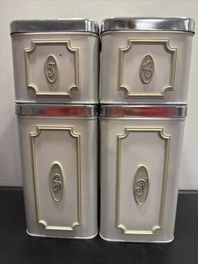 EKCO Canada Vintage Metal MCM Kitchen Canister Set Of 4 White Silver Green Trim